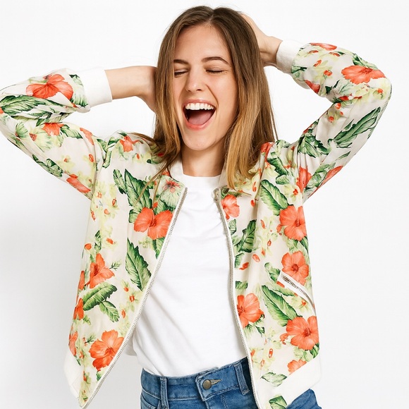 Skies are Blue Tropical Floral Multicolor Bomber Full Zip Jacket Size Small - Picture 1 of 9